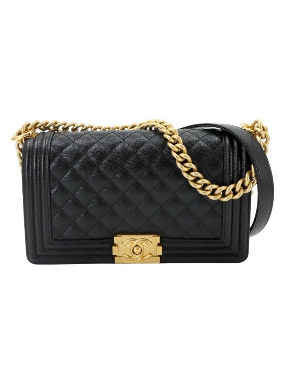 Chanel Boy Chain Shoulder Bag Caviar Leather Black Gold